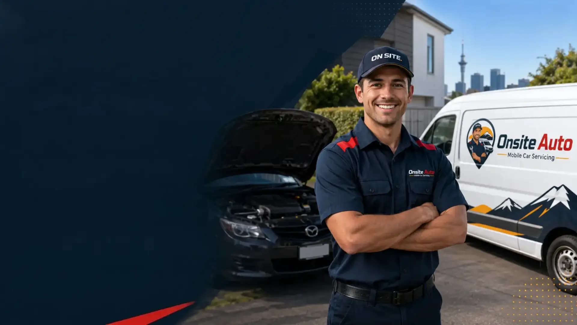Onsite Auto mechanic beside a service van in Auckland